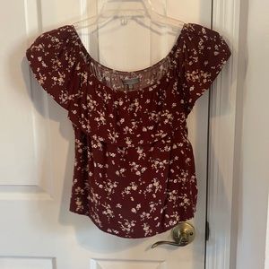 Cute off the shoulder burgundy floral blouse